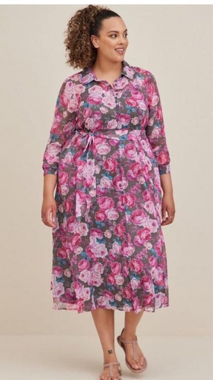 Torrid Floral Midi Shirt Dress Pink Button Down Belted Pockets Long Sleeve Sz 2X